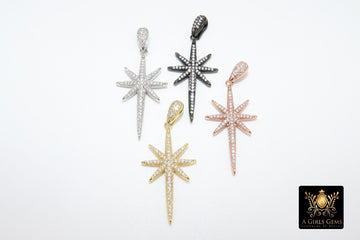 CZ Pave Black Star Charm, Silver Starburst Cubic Zirconia Pendant #50, Gold North Star for Necklace Jewelry Supplies